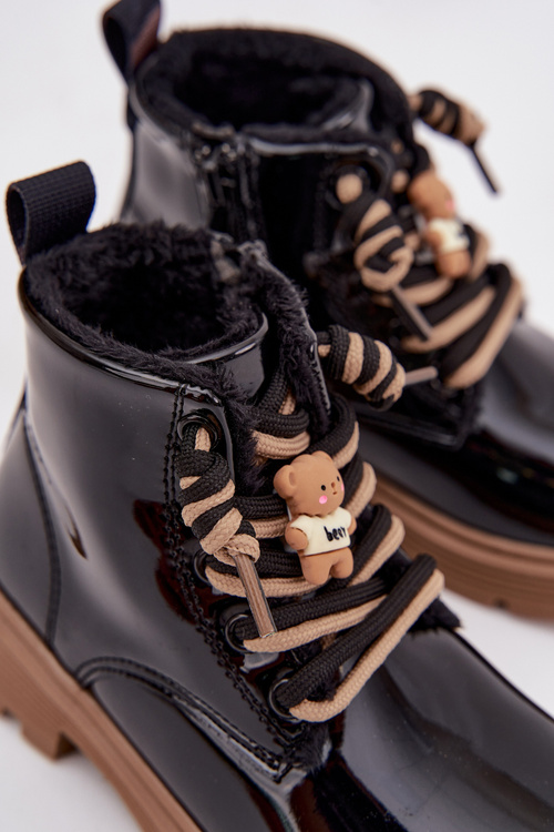 Insulated children's patent leather ankle boots with a bear strap black Jovellea