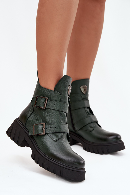 Leather Insulated Women's Boots With Buckles And Decorative Detail Zazoo 60482 Dark Green