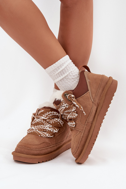 Damskie Śniegowce Zamszowe Futerko Sznurowanie Camel Vinceza 97963