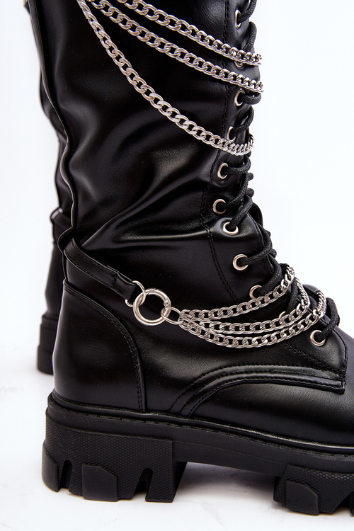 Women's Classic Leather Boots with Chains Black Lannera