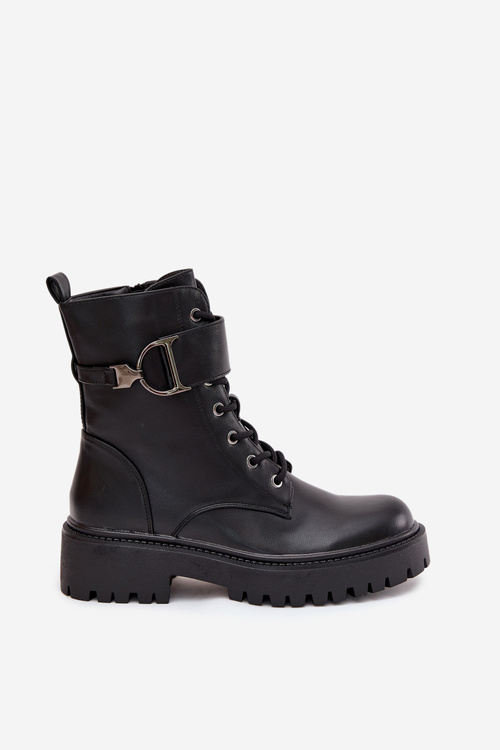 Women's Workery Boots With Lining With Decorative Strap Black Ulivine