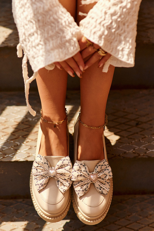 Women's Leather Moccasins With Bow Laura Messi 2787 Beige