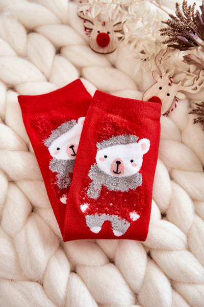 Women's Funny Christmas Socks Teddy Bear In A Cap Red