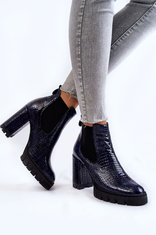Lacquered boots Snake pattern on a post Navy blue Eldey