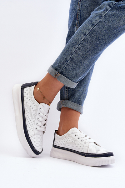 Buty Sportowe Sneakersy Damskie Skóra Failla Biało-Granatowe SP 020