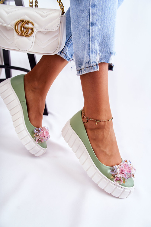 Leather Ballerinas On A Platform With Colorful Ornament Green Ladette