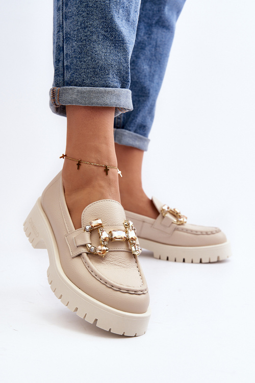 Women's Leather Moccasins with Decoration CheBello 4369 Beige