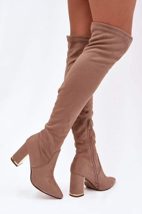 Women's Eco Suede Over Knee Boots on Heel Dark Beige Thamine
