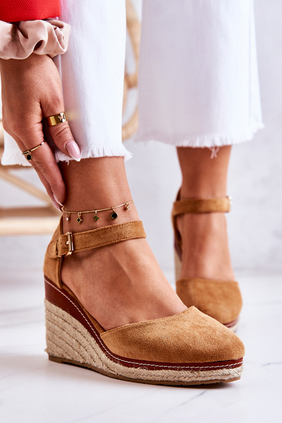 Espadryle Damskie Obcas Koturn Brązowe Tamarill