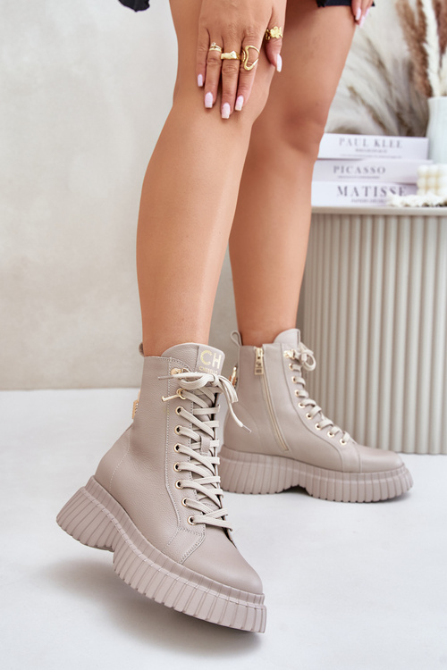 Botki Skóra Naturalna Platforma Ozdobna Kłódka Zamek Beżowe CheBello 4517