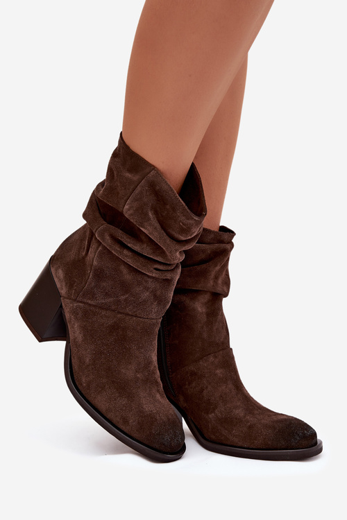 Leather Suede Ankle Boots with Gathering on Heel Zazoo 1127 Chocolate