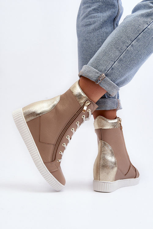 Zazoo 3081 Women's Leather Wedge Sneakers Beige