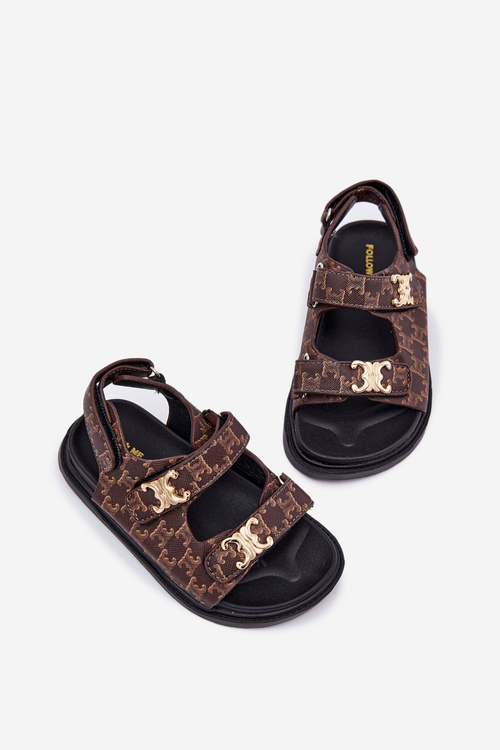 Children's Sandals With Velcro And Golden Details Brown Cavina