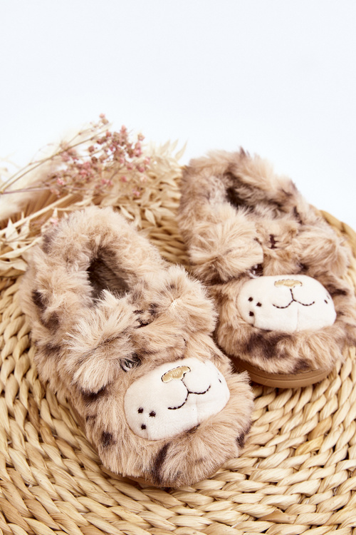 Beige Children's Fur Slippers with Bear Apolanie