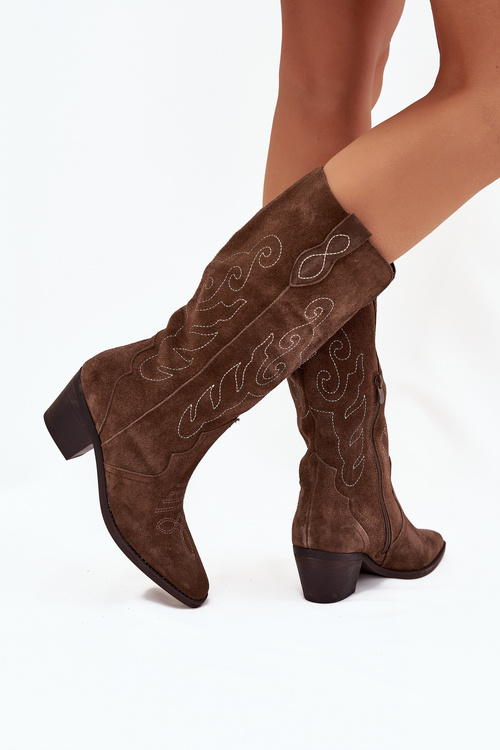 Suede Cowboy Boots For Women With Heel Brown Karira