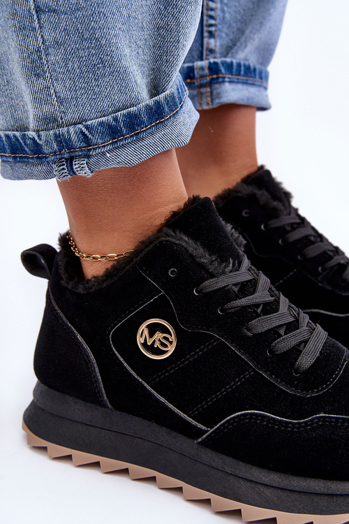 Buty Sportowe Ocieplane Platforma Skóra Czarne Adite TL233