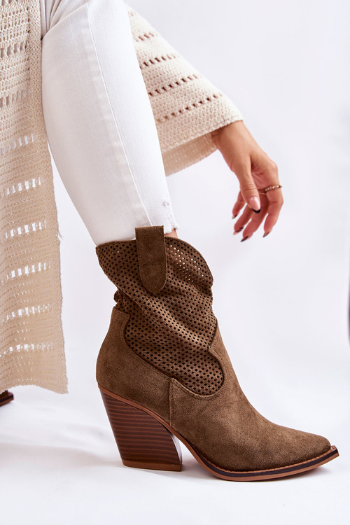 Women's Suede Openwork Boots Cowboy Khaki Eleonore