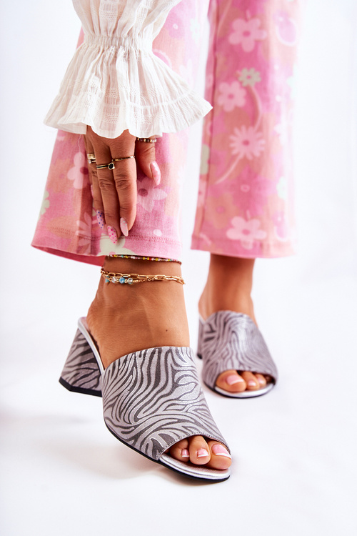 Klapki Skóra Damskie Obcas Zebra Szare Nessita