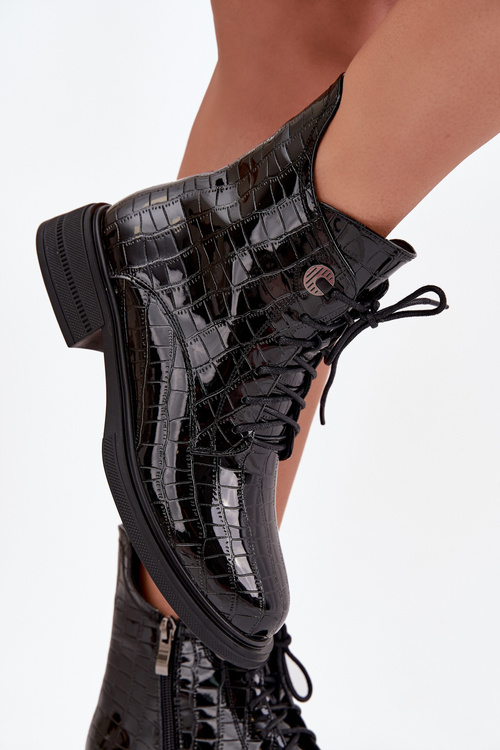 Botki Skórzane Lakierowane Z Tłoczeniem Ocieplane Czarne Juviane