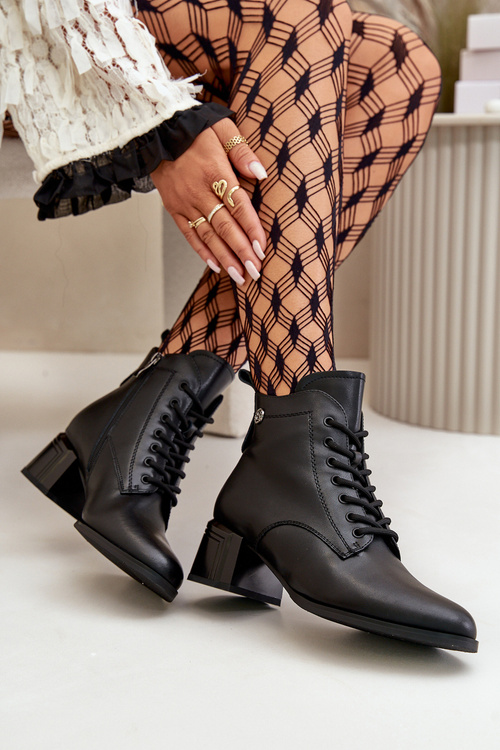 Botki Damskie Sznurowane Na Obcasie Ocieplane Skóra Naturalna Vinceza 91110 Czarne