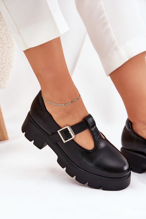 Eko Skórzane Półbuty Na Platformie I Płaskim Obcasie Z Klamrą Czarne Venda