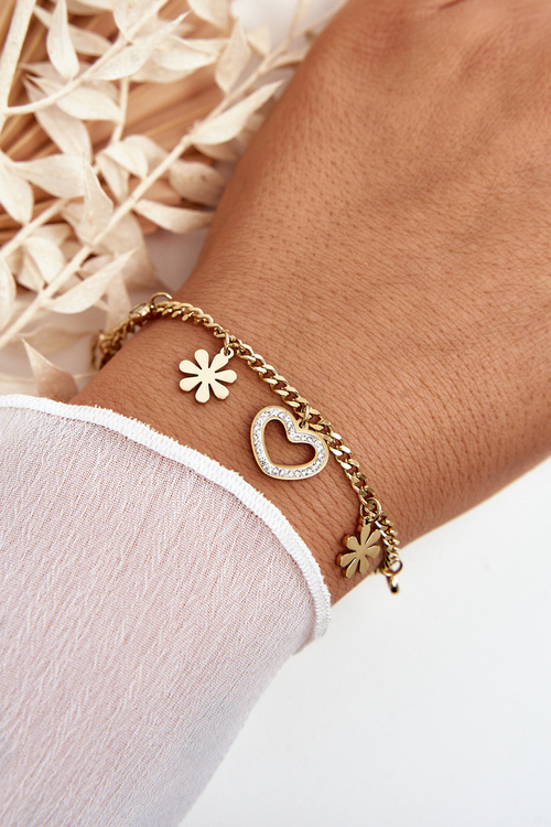 Fashionable Bracelet With Flowers And Heart Gold