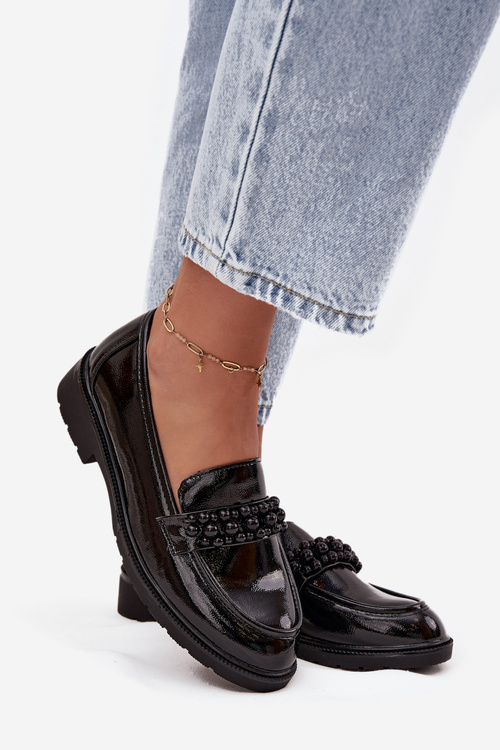 Women's Patent Loafers With Beads S.Barski HY52-541 Black