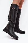 Women's Flat Heel Boots with Strap and Gold Buckle Black Sylvena