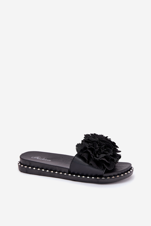 Women's Slippers With Fabric Flowers Black Elachase