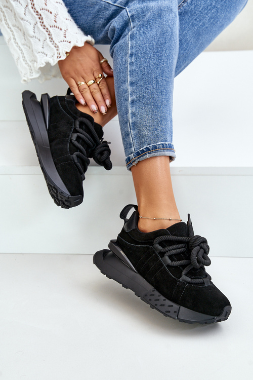 Women's Suede Sneakers On Platform With Thick Lacing Artiker 54C1464 Black