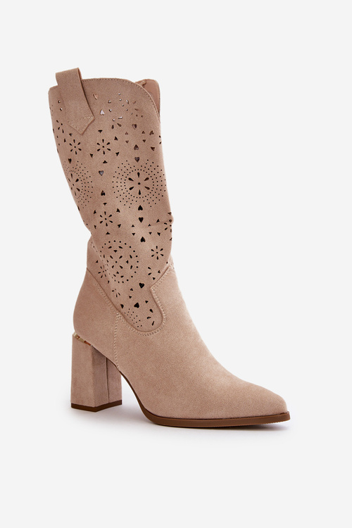 Botki Damskie Ażurowe Obcas Słupek Eko Zamsz Noski W Szpic Beżowe Nevithra