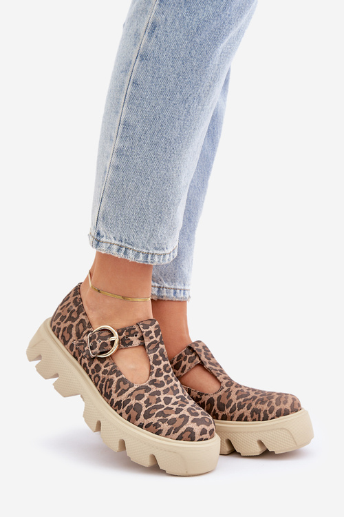 Suede Loafers With Buckle In Leopard Print Zazoo 20183 Brown