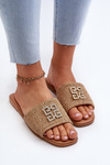 Flat Women's Slippers with Weave and Decoration Beige Omenna