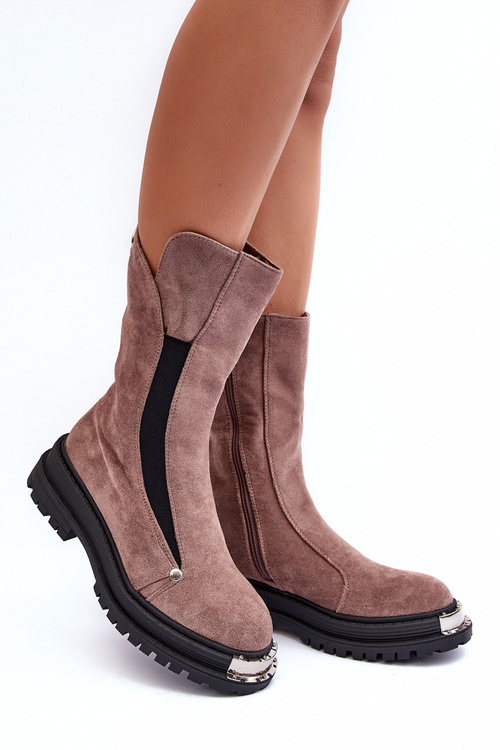 Women's Faux Suede Padded Flat Heel Ankle Boots Dark Beige Palimra 