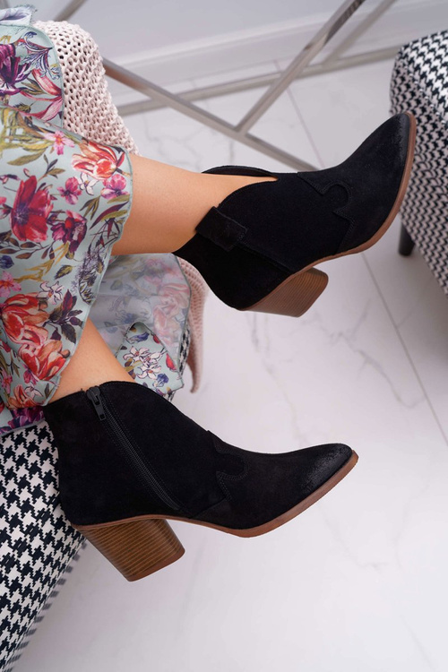 Botki Damskie Czarne Skórzane na Obcasie Chavai