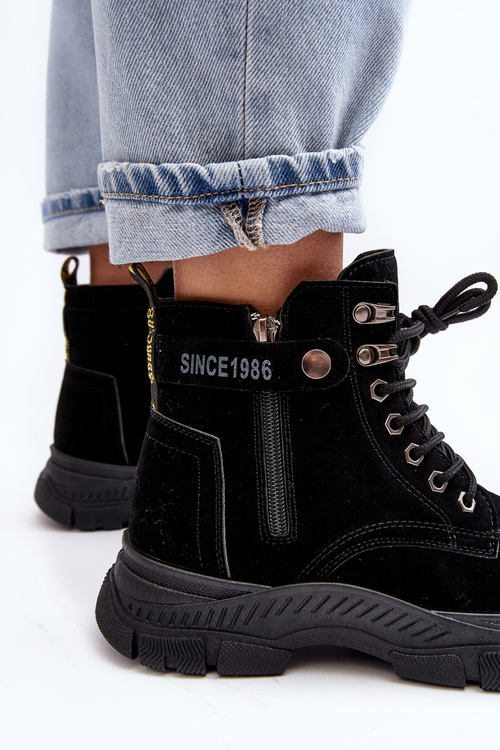 Women's Faux Suede Lined Lace-Up Ankle Boots Black Jailina