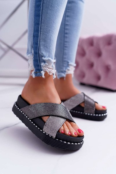 Women's Flip Flops Black with Crystals Belmondo