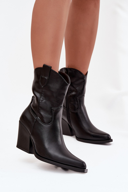 Damskie Botki Obcas Słupek Kowbojki Eko Skórzane Czarne Sorelia