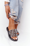 Openwork Leather Slippers With Rhinestones Black Alana