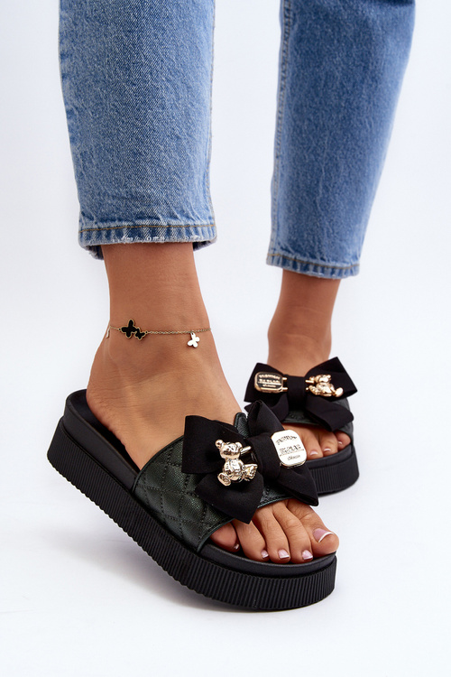 Klapki Damskie Kokarda Miś Czarne Katterina BG146