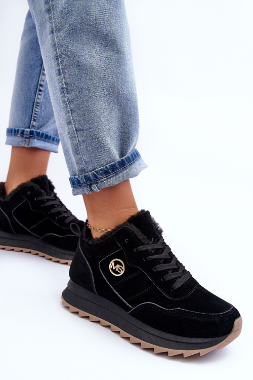 Buty Sportowe Ocieplane Platforma Skóra Czarne Adite TL233