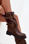 Wrinkled Women's Boots To The Middle Of The Leg With Straps And Buckles Brown Halvessa
