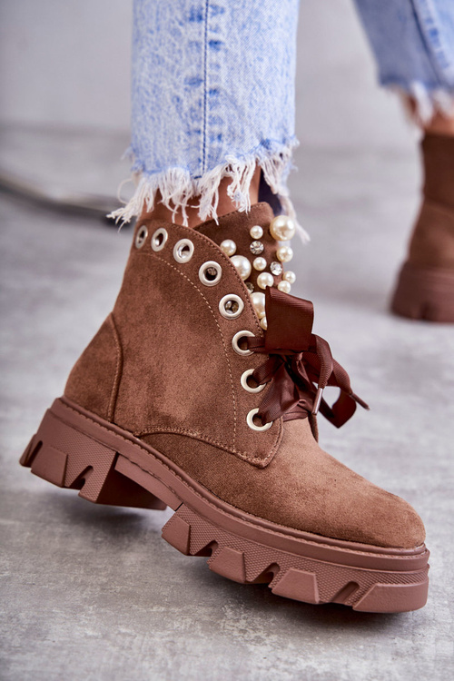 Suede Warm Boots With Pearls Brown Roco
