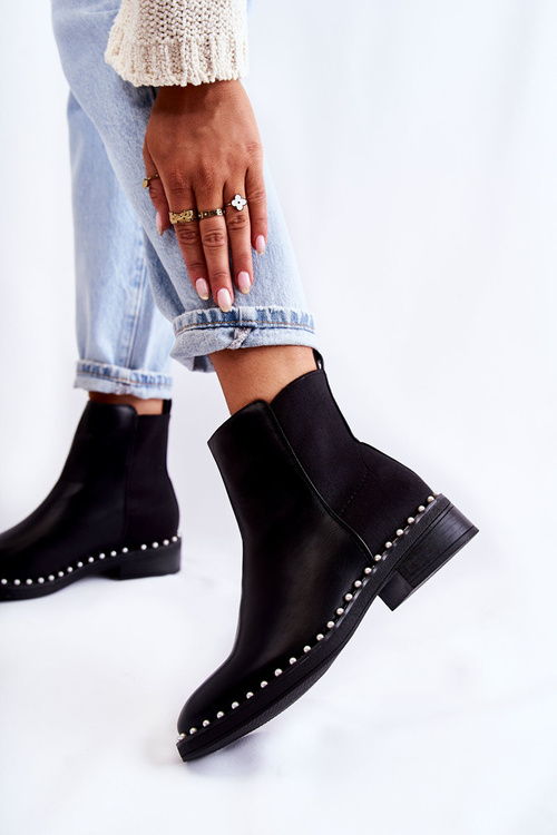 Leather Slipper Boots with Pearls Black Jilanna