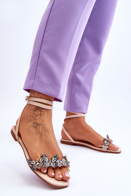 Sandały Damskie Ozdobne Motyle Beżowe Jeane