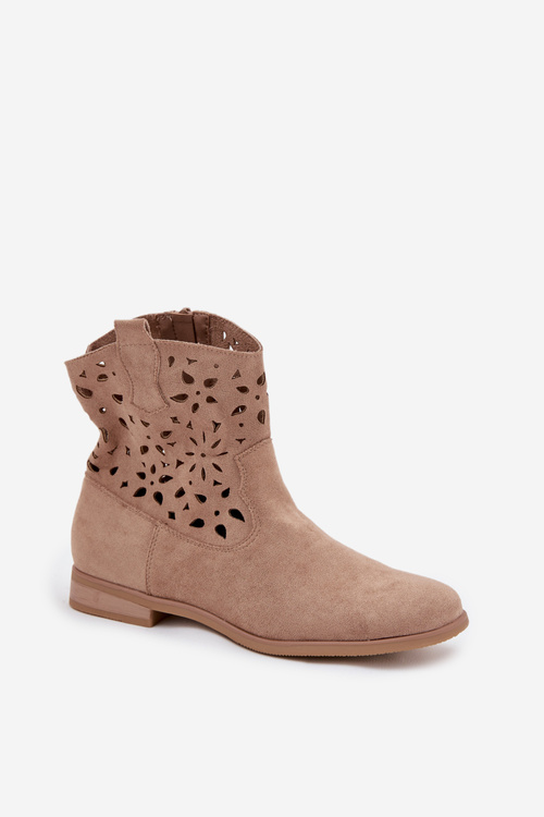 Women's Boots With Perforated Pattern On Flat Heel Eco Suede Beige Athera