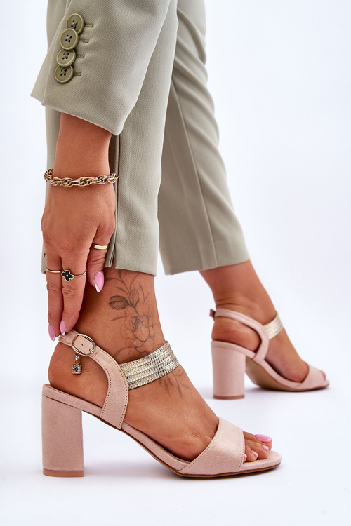 Sandały Damskie Słupek Zamsz Beżowe Enjoy