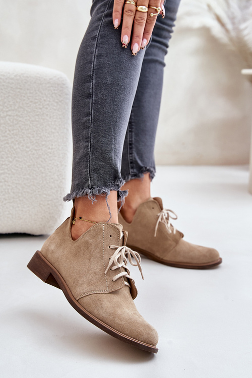 Zazoo 2959 Suede Oxford Shoes Lace-Up Flat Heel Beige