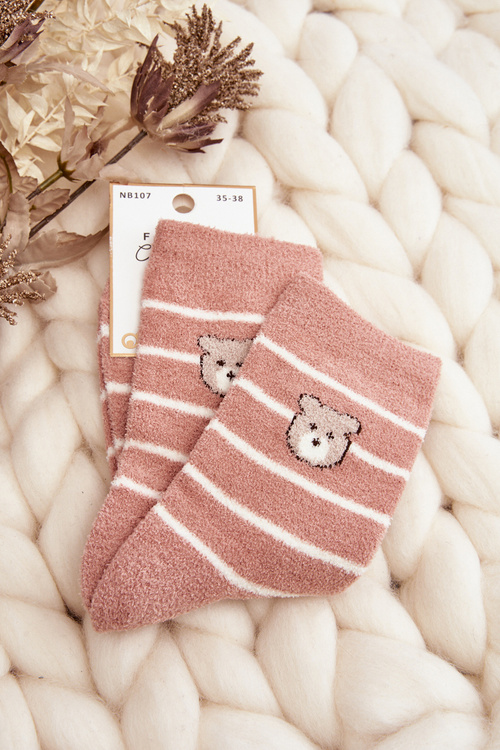 Women's Warm Striped Socks with Teddy Bear Pink
