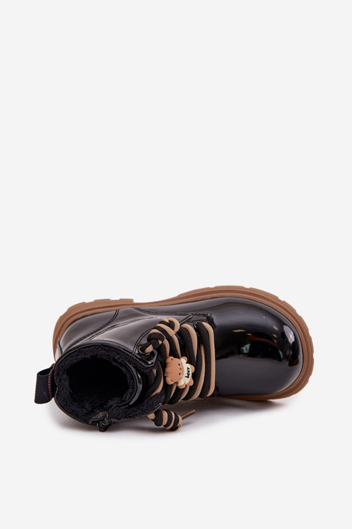 Insulated children's patent leather ankle boots with a bear strap black Jovellea